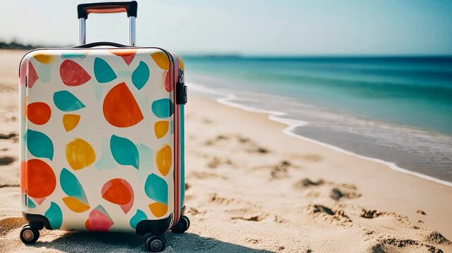 Colorful suitcase on sandy beach