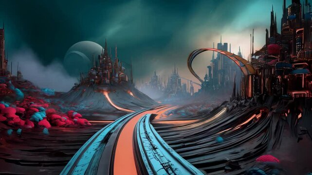 Futuristic cityscape panorama with winding roads, otherworldly flora, and ethereal sky featuring distant planets and strange structures at twilight.