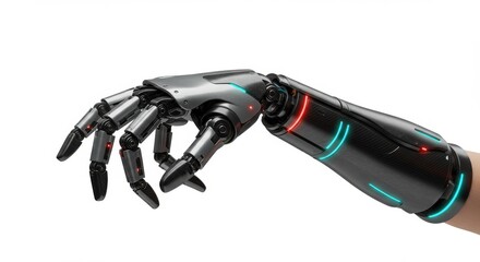 A robotic arm with metal fingers and glowing lights against a plain white background in a studio shot