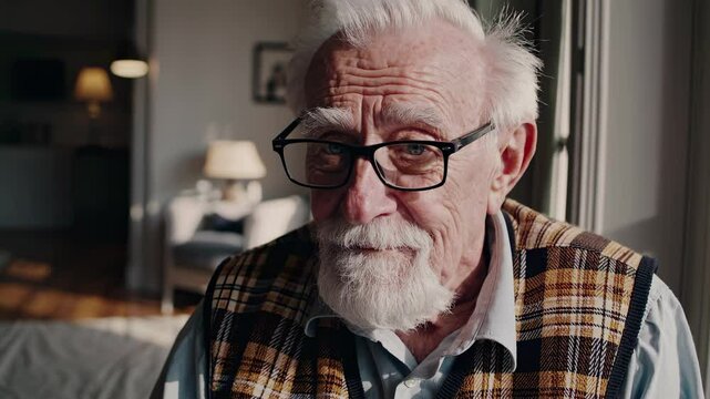 Older man with white hair sits in a light-filled room, projecting thought, wisdom, contemplation, lifestyle, peaceful mood, sense of life journey, personal heritage