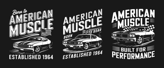 Fototapeta premium Bold American Muscle Car Design Featuring Iconic Vintage Vehicles and Retro Typography Celebrating 'Born to American Muscle' and Established Heritage Since 1964 for Car Enthusiasts