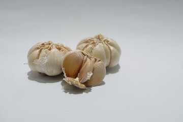 Close up of garlic free copy space isolated white background