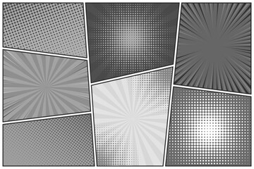 Comic book black and white radial lines collection. Cartoon comics background with motion, speed lines. Retro Pop Art style. Vector illustration