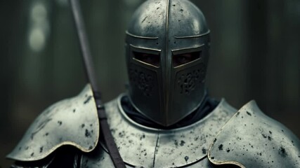 Close-up of medieval knight in metal armor helmet. - Powered by Adobe