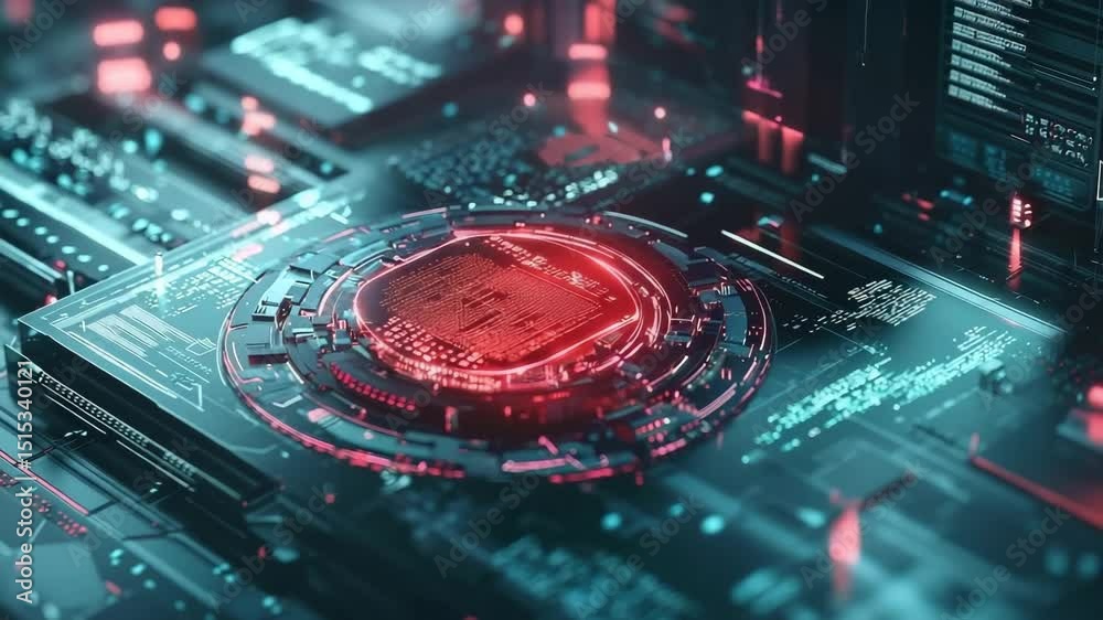 Poster A glowing, futuristic microchip is embedded in an advanced electronic circuit, illuminated by vibrant red and blue lights.