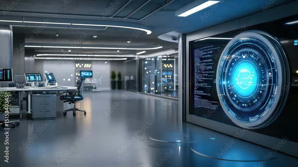 Aufkleber a modern, high-tech office space featuring advanced digital interfaces and futuristic computer displ