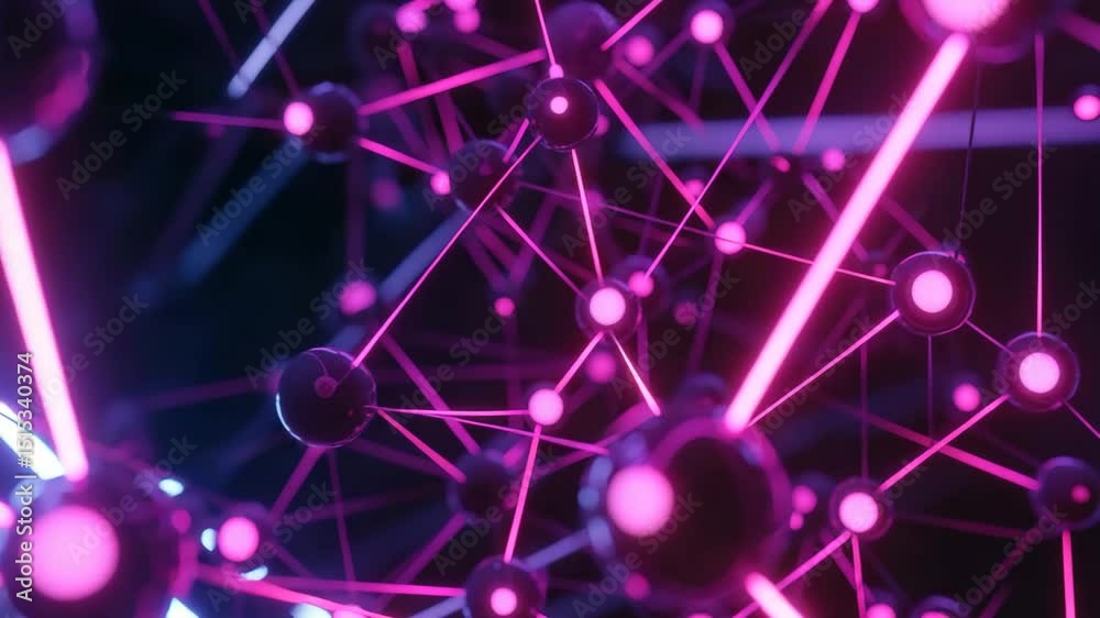 Aufkleber A glowing network of interconnected nodes and lines, displayed with vibrant pink and purple lighting on a dark background.