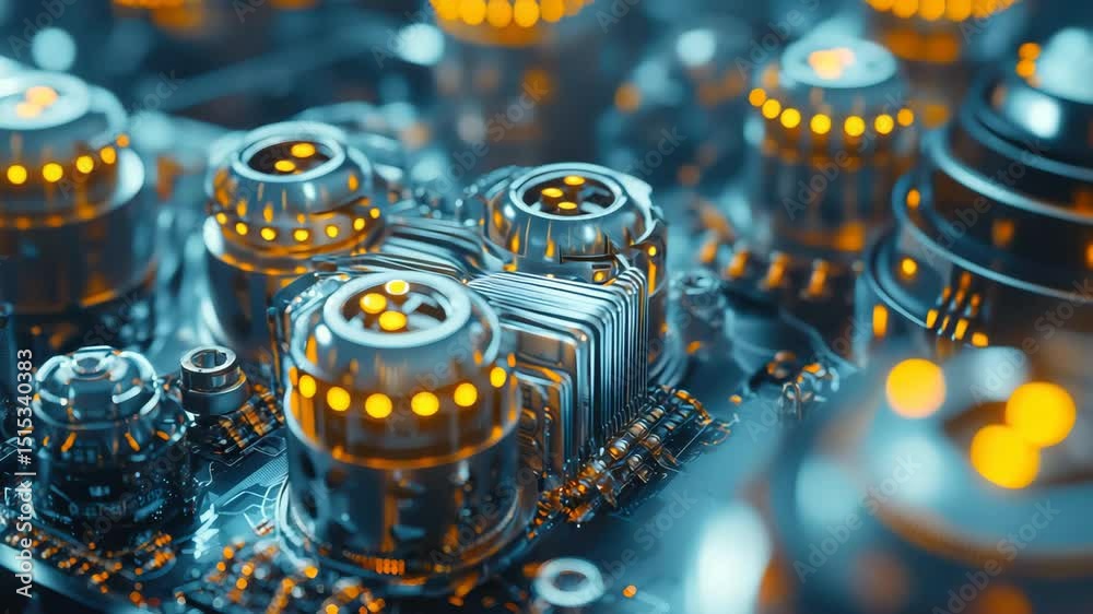 Aufkleber a close-up view of a futuristic circuit board with glowing orange lights and sleek metallic componen