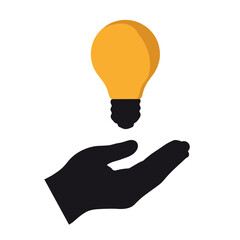 Icon of hand holding light bulb in simple flat design  