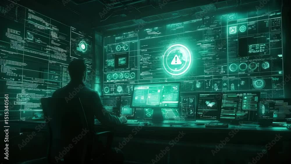 Poster A person sits in a dark control room filled with futuristic digital screens and glowing data interfaces.
