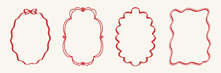 Set bow frames template with space for text. Hand drawn frames with bows ribbons isolated on background. Red line