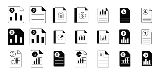 Financial report icons representing data analysis and business performance statistics in clean black and white style