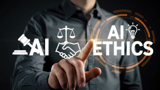 Man points to ai ethics graphic featuring a gavel handshake and lightbulb