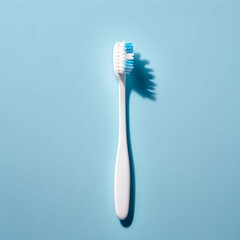 One toothbrush lying flat on a light blue background. High-key lighting with a gentle shadow underneath.