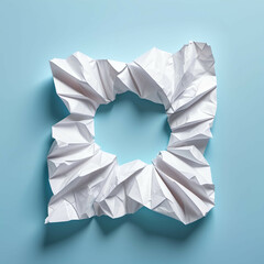 A crumpled piece of white paper centered on a pastel blue background. Soft shadows, airy composition.