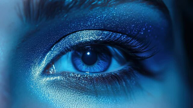 Close-up of a blue eye with glittery makeup, dramatic lighting