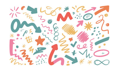 Hand-drawn style vector illustration consisting of a wide variety of abstract design elements, arrows, lines and scribbles, shapes, symbols and icons, highlights and accents, style, easily editable.