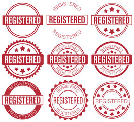 Collection of red round registered label icons with star motifs and vintage layouts, isolated on white for print, packaging, or graphic design use. Ideal for branding, certificates, and legal