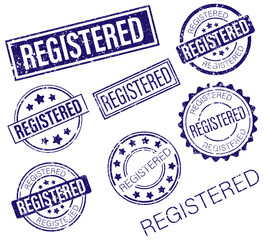 Grungy and vintage blue REGISTERED badges with stars and borders in stamp format. Perfect for legal, business, or document design templates. Ideal for retro branding, packaging, or verification.