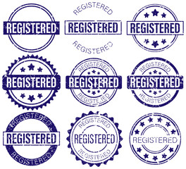Set of vintage grunge rubber stamps with the word Registered in various circular badge styles. Suitable for official documents, certificates, labels, or branding design.