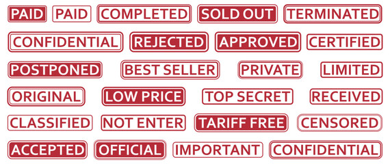 Collection of red rubber stamp labels featuring a variety of commercial and administrative terms. Great for office, reports, print templates, and workflow illustrations. Administrative stamp graphic.