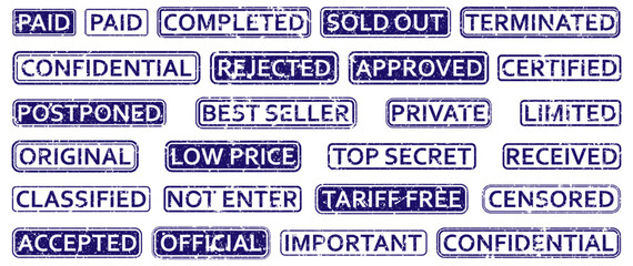 Vector set of blue rubber stamp labels with worn texture and common office terms. Perfect for digital documents, print layouts, or UX design elements.