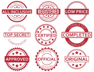 Collection of red rubber stamp badges with different labels such as approved, certified, original, and more. Suitable for official documents, marketing, and branding.
