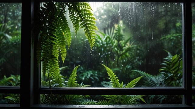 Lush greenery seen through a rain-streaked window