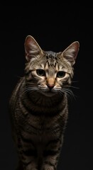 Fototapeta premium A tabby cat with green eyes looking directly at the camera against a black background in portrait style