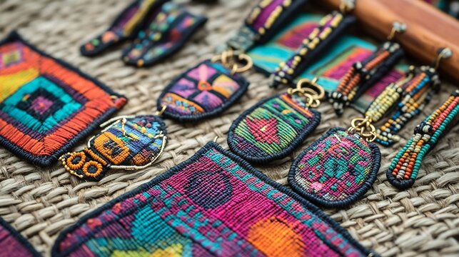 A set of handmade Panamanian molas jewelry showcasing colorful fabric patterns of the Guna women 