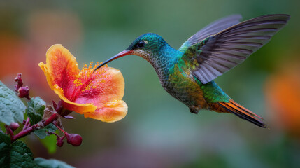 Fototapeta premium A Vibrant Hummingbird Delicately Sipping Nectar from a Colorful Flower in Nature's Lush Garden Setting