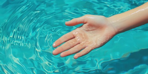 Nation relaxation day with calm nature idea. Hand reaching into clear turquoise water.