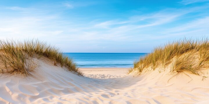 Nation relaxation day with calm nature idea. Beach pathway leading to a serene ocean view.
