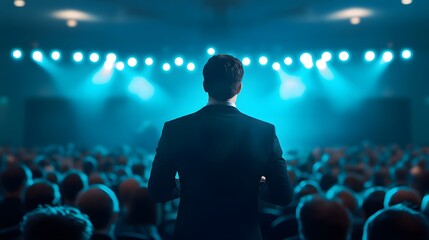 Leadership on Stage: An inspirational leader stands tall before a sea of eager faces, bathed in the glow of the spotlight, conveying the art of public speaking and inspiring his audience.