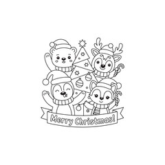Cute cartoon animals celebrating Christmas, ready for coloring.A black and white illustration of four adorable cartoon animals – a bear, a deer, a seal/walrus, and a fox – wearing festive Christmas ha
