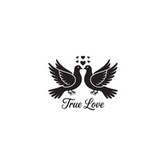 Fototapeta premium Black and white silhouette of two doves symbolizing true love.A simple, elegant black and white silhouette of two doves facing each other, their beaks nearly touching, with small hearts floating above