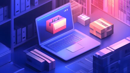 Digital Workspace: A laptop displaying a vibrant toolbox graphic sits amidst strategically placed cardboard boxes, symbolizing a seamless digital workspace. 