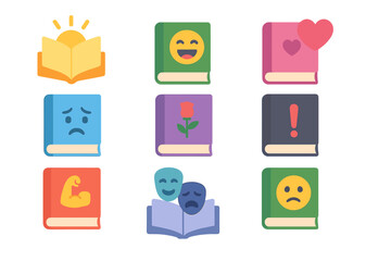Colorful book icons with emotional symbols on gradient background