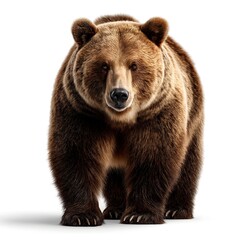 Obraz premium Large brown bear standing confidently, powerful muscular build, showcasing wildlife majesty, ideal for nature themes and conservation.
