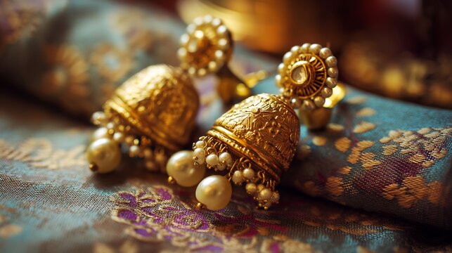 Antique golden jhumka earrings with pearl drops traditional Indian bridal wear close up on silk fabric elegant heritage style 