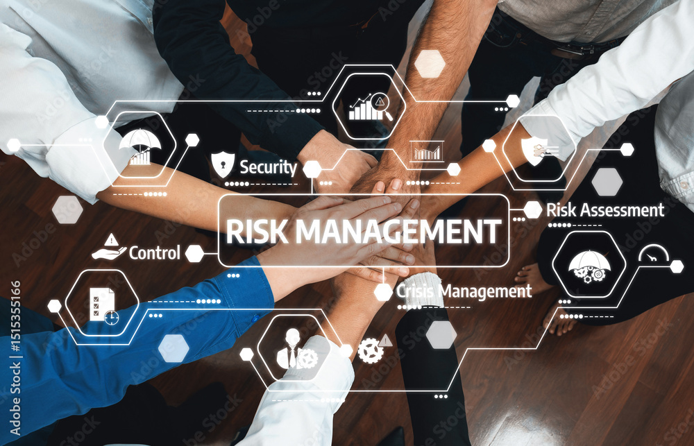Poster A collaborative approach to risk management is showcased with diverse hands joining in to emphasize teamwork, control, and security in organizational frameworks. Amity