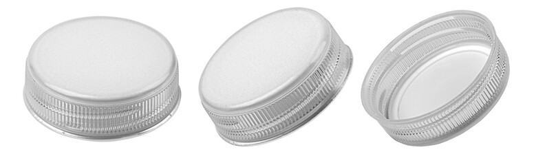 Three plastic bottle caps showing different sides