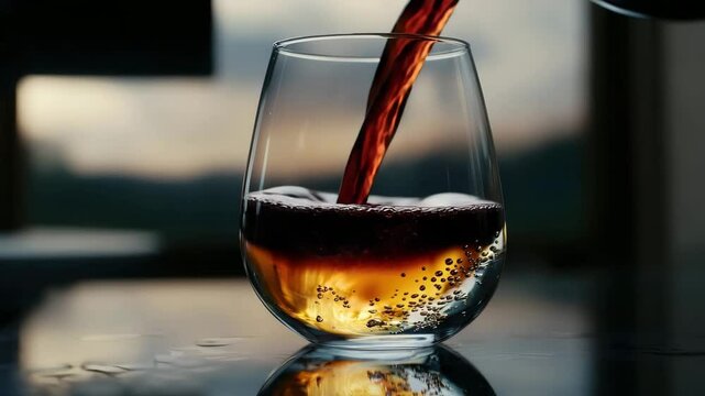 A glass of red wine being poured, with visible bubbles and reflections on a smooth surface.