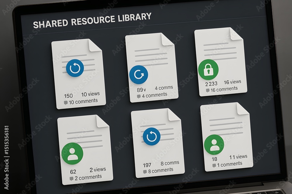 Poster digital documents shared and accessed through a laptop interface. it showcases a variety of document
