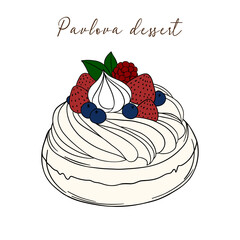 Delicious pavlova dessert with whipped cream, and berries. Sweet treat goods bakery culinary and super tasty. Baked snack outline art