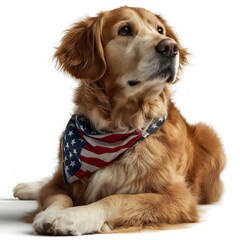 Golden retriever wearing American flag bandana, friendly and loyal pet, perfect for patriotic themes or family promotions