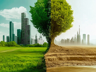 Ecology. Contrast between untouched natural forest and polluted industrial landscape. Illustration of the impact of human industrial activity on nature. Pollution and environmental degradation.