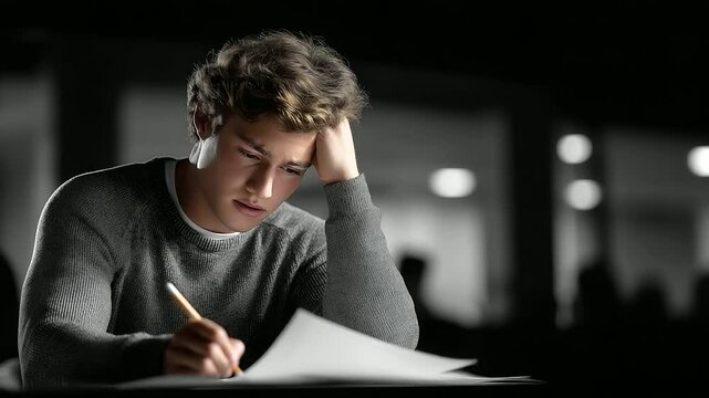 Student stress during exam in classroom with test paper and pencil