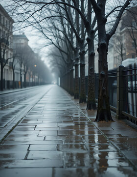 Fototapeta Rainy city street with bare trees