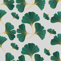Vector Illustration ginkgo biloba leaves. Seamless pattern with leaves,vseamless pattern with ginkgo biloba leaves,Floral seamless leaves pattern with pastel green leaves silhouettes. Grey background.